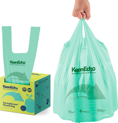 2.6 Gallon 200 Counts Small Green Trash Bags with Handle, Ocean Fishing Nets Upcycling, Sage & Sea