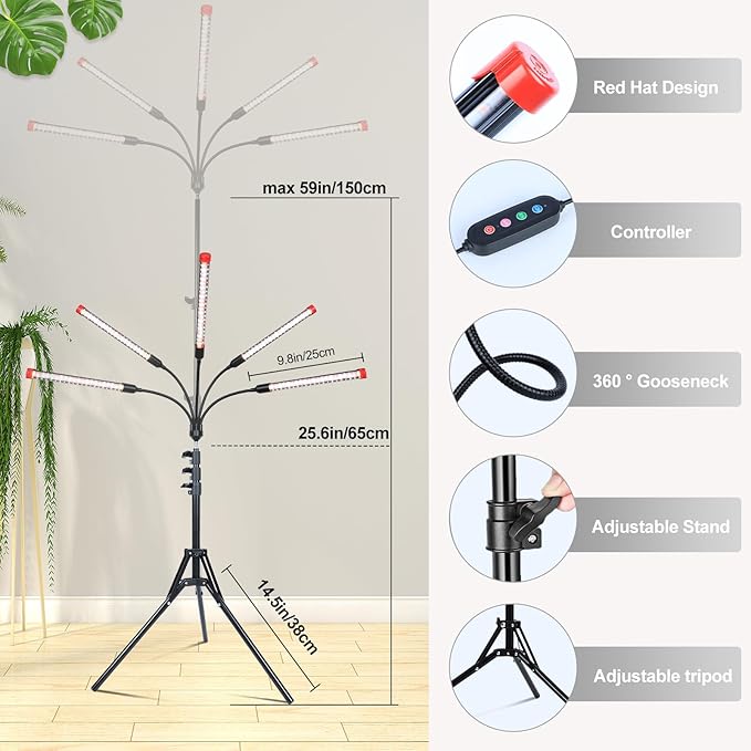 FECiDA Gamechanger! 45W 5Head Tripod Stand Tall Plant Light, 2025 Grow Lights for Indoor Plants