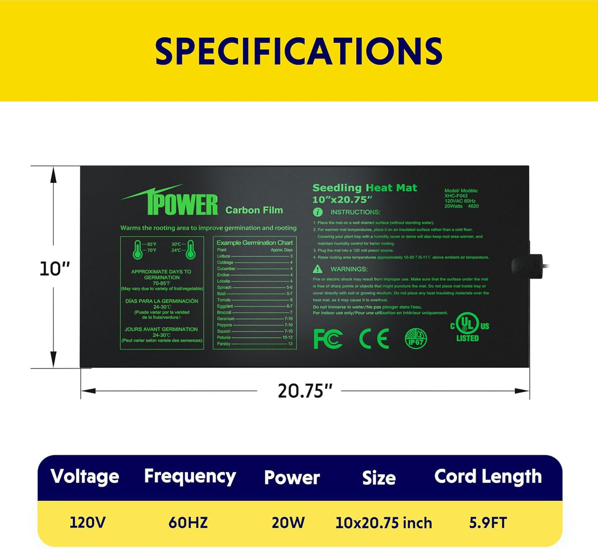 iPower 10" x 20.75" Waterproof Durable Seedling Heat Mat with Controller Warm Hydroponic Plant for