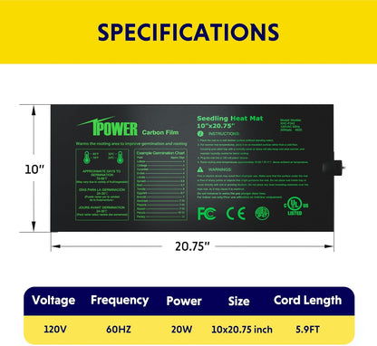iPower 10" x 20.75" Waterproof Durable Seedling Heat Mat with Controller Warm Hydroponic Plant for