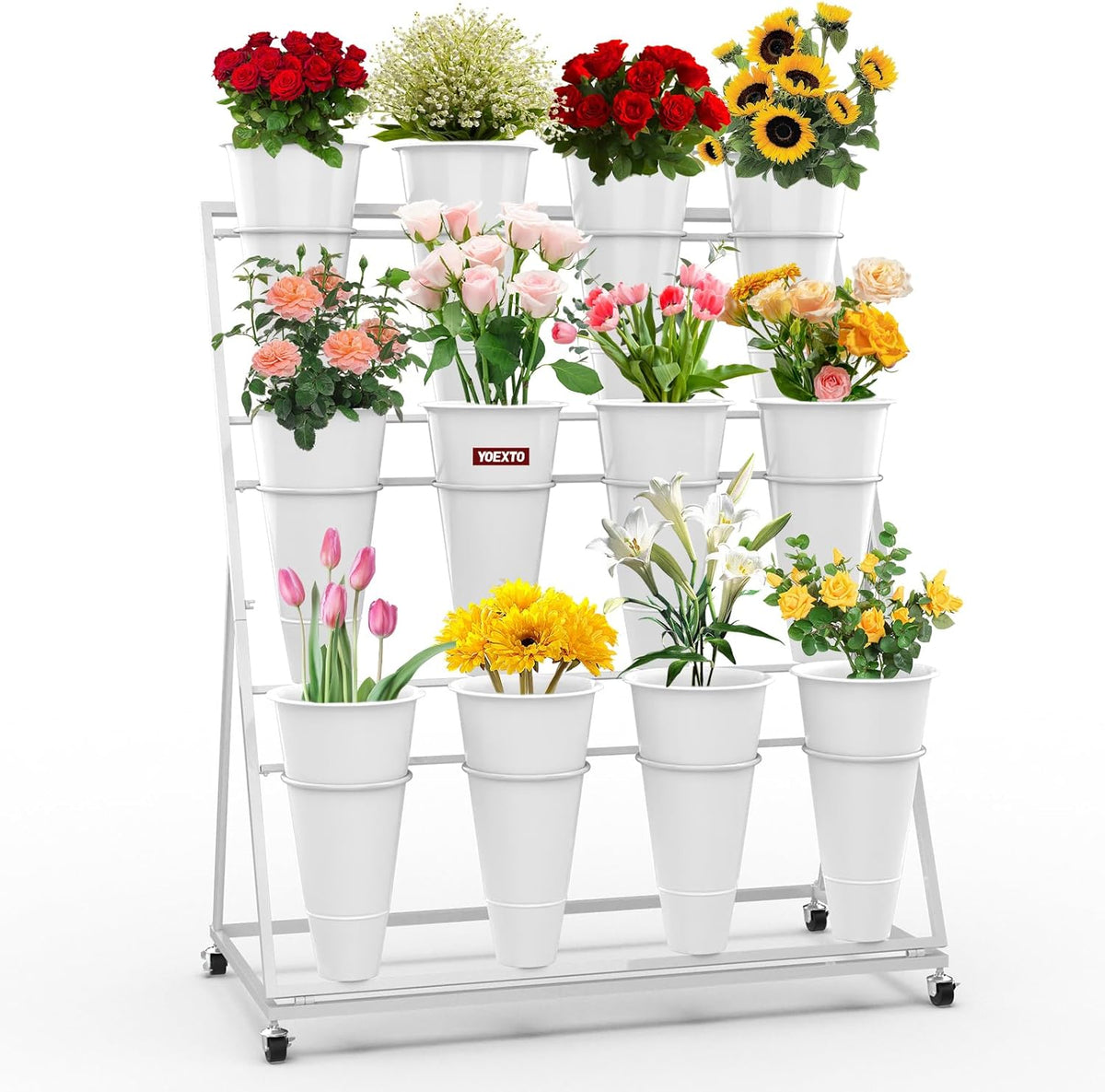 Flower Display Stand with Buckets, 3-Layers 12 PCS Buckets Plant Stand with Wheels, Movable Metal