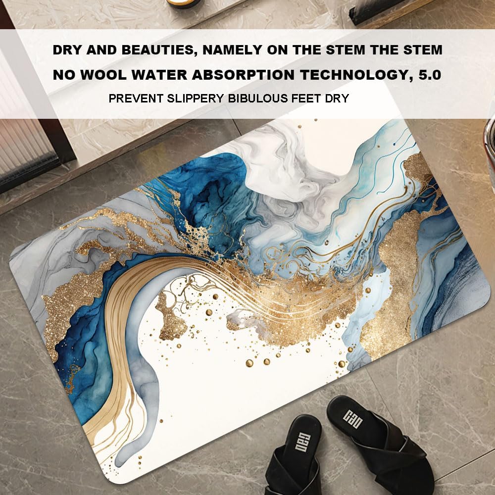 Bath Mat-Bathroom Rug，Natural Blue and Gold Marble-Absorbent Non Slip Quick Dry Stain Resistant
