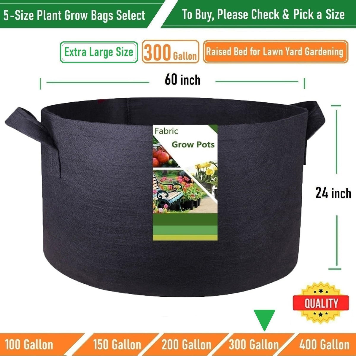 300 Gallon Large Raised Garden Bed Bag (60x24 inch) Big Garden Bag Sturdy Plant Grow Bag for