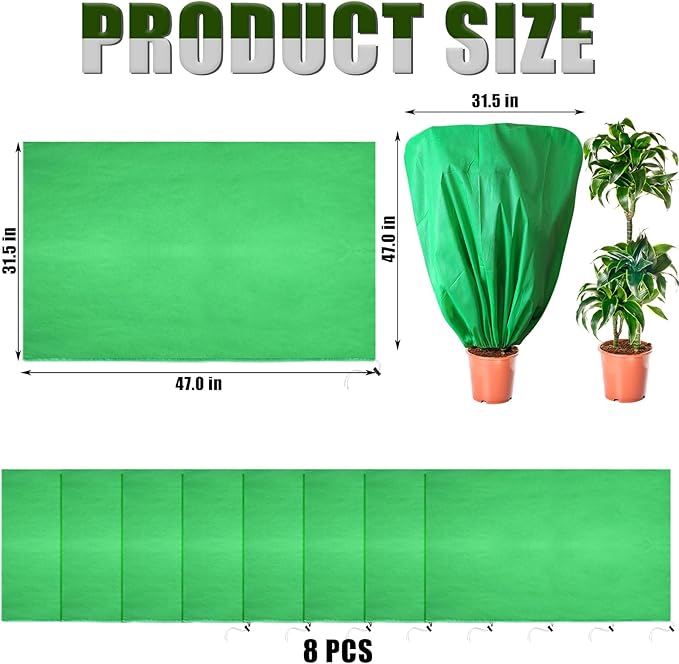 8 Pcs Plant Covers Frost Protection Bag 47" x 31.5" Winter Reusable Plants Jacket with Drawstring