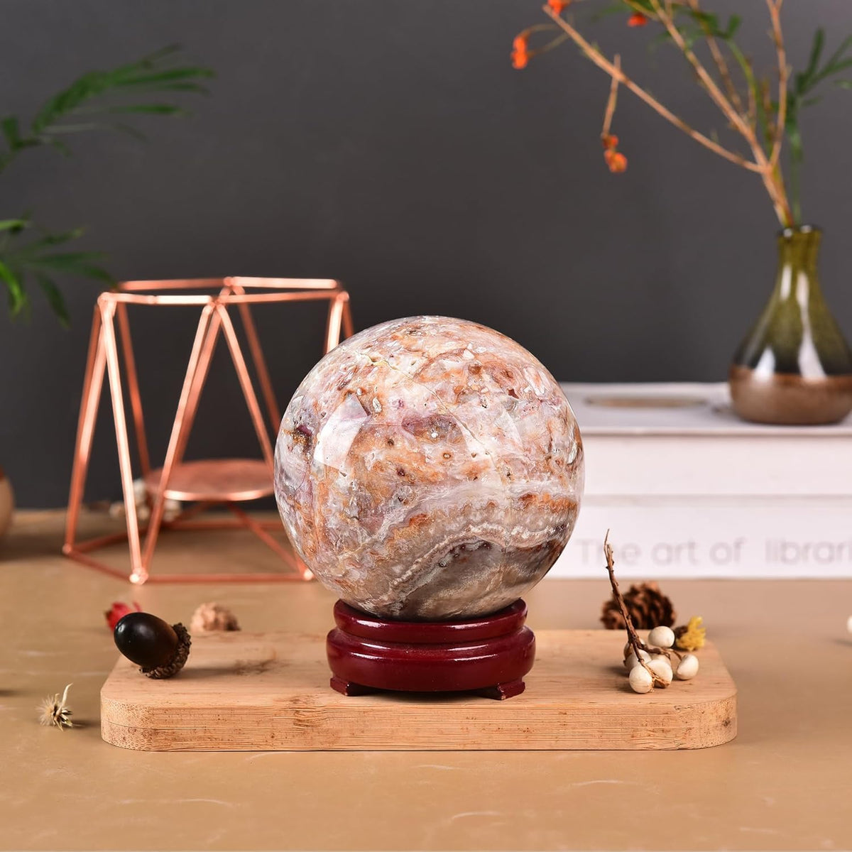 JIC Gem Natural Striped Agate Crystal Sphere with Wooden Stand Decorative Crystal Ball Healing