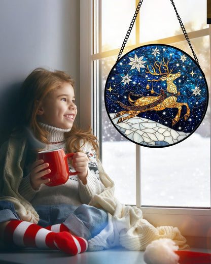 Stained Glass Window Hanging - Reindeer Blue Starry Sky Suncatcher for Doors Home Christmas