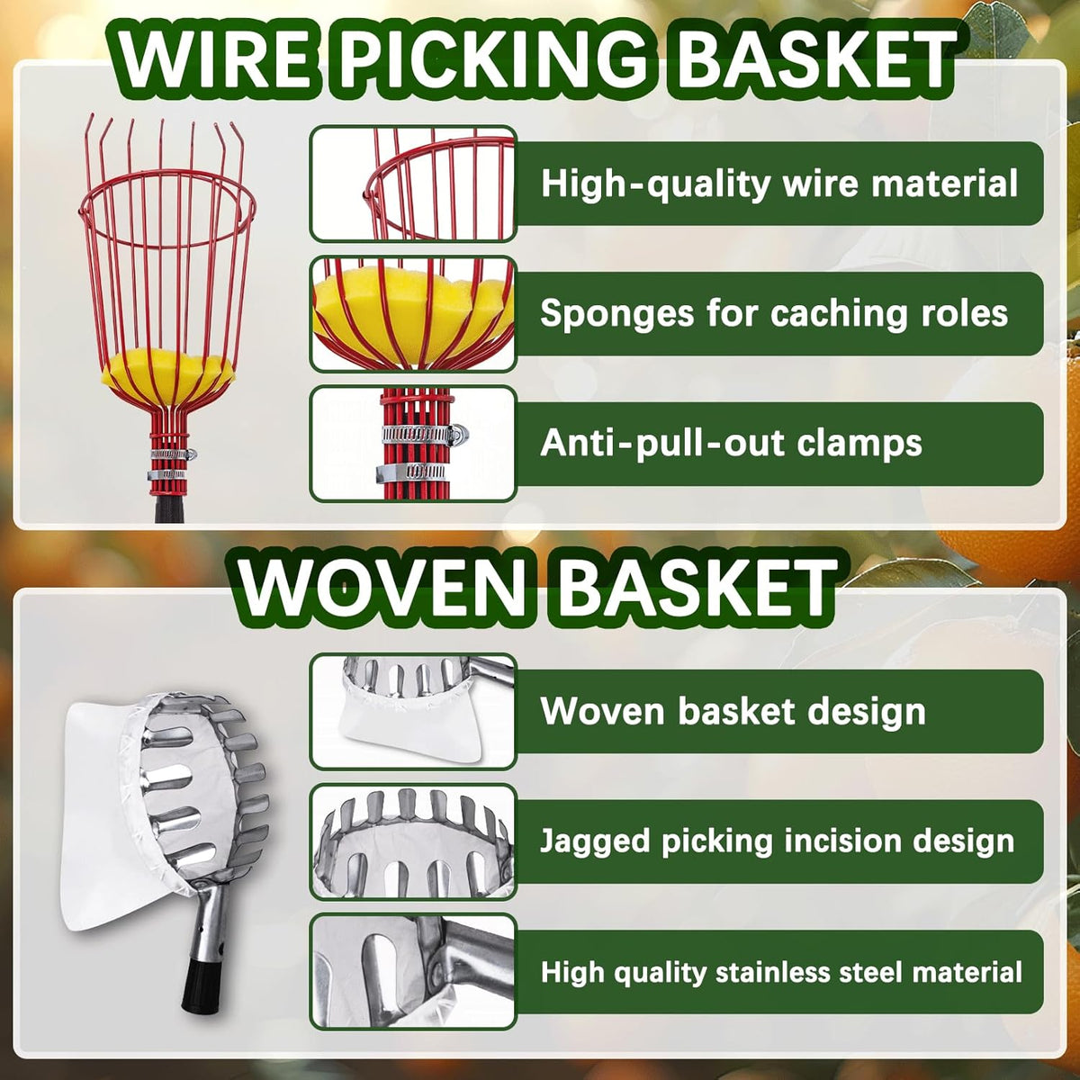 20 Ft Fruit Picker with Wire Basket and Bag Basket,Adjustable Stainless Steel Fruit Picker Pole