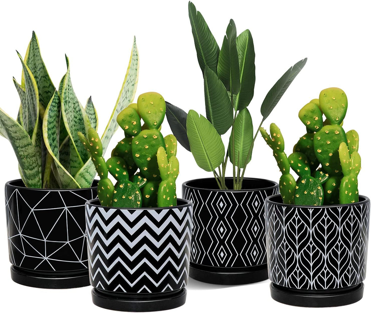 Ton Sin Flower Pots,5.5 Inch Black Ceramic Planter with Drainage Hole,Indoor Cylinder Plant Pots