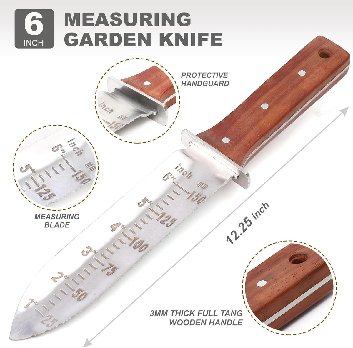 Topline Hori Hori Garden Knife, Double-edge Stainless Steel Blade, Garden Knife with Leather Sheath