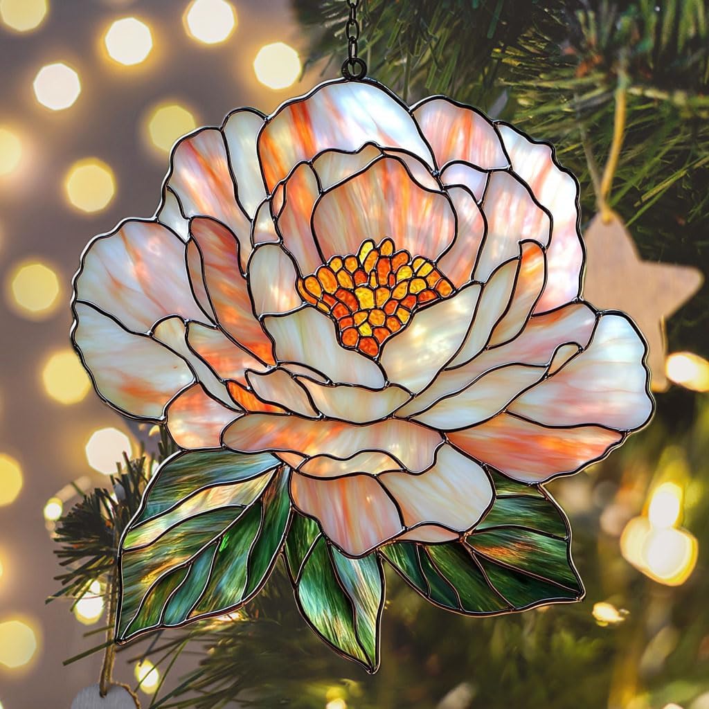 Pastel Pink Peony Acrylic Suncatcher Stained Glass Effect Window Car Hanging Christmas Ornament