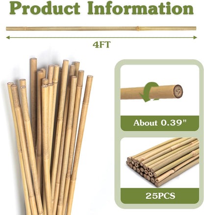 Plant Stakes 4FT, Natural Bamboo Stakes, HAINANSTRY 25Pcs Sturdy Bamboos Garden Stake, Bamboo