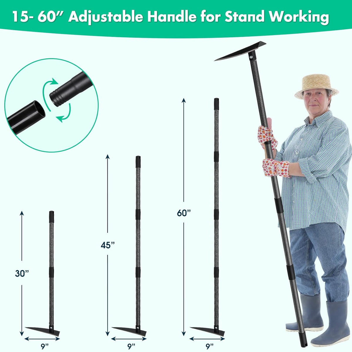 Garden Hoe, Heavy Duty Trenching Hoes with 60 Inch Long Handle, Sharp Edge Triangle Weeding Hoe