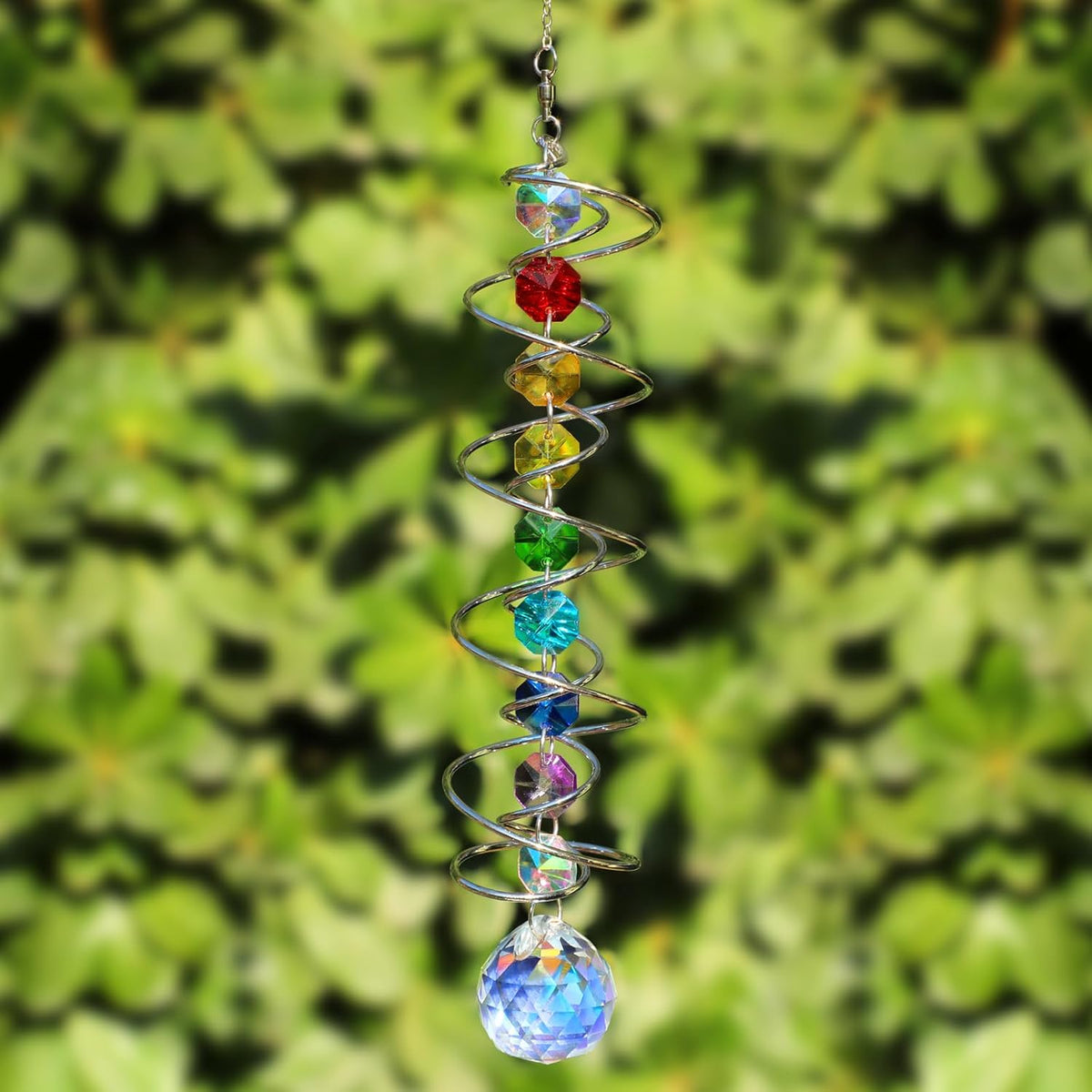 Suncatcher Wind Spinner Gazing Ball Spiral Tail, Crystal Sun Catchers with Seven Chakra Beads