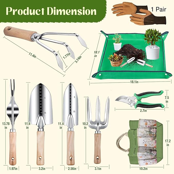 Garden Tools 9-Piece Heavy Duty Gardening Hand Tools with Floral Organizer Tote Bag, Rust-Proof