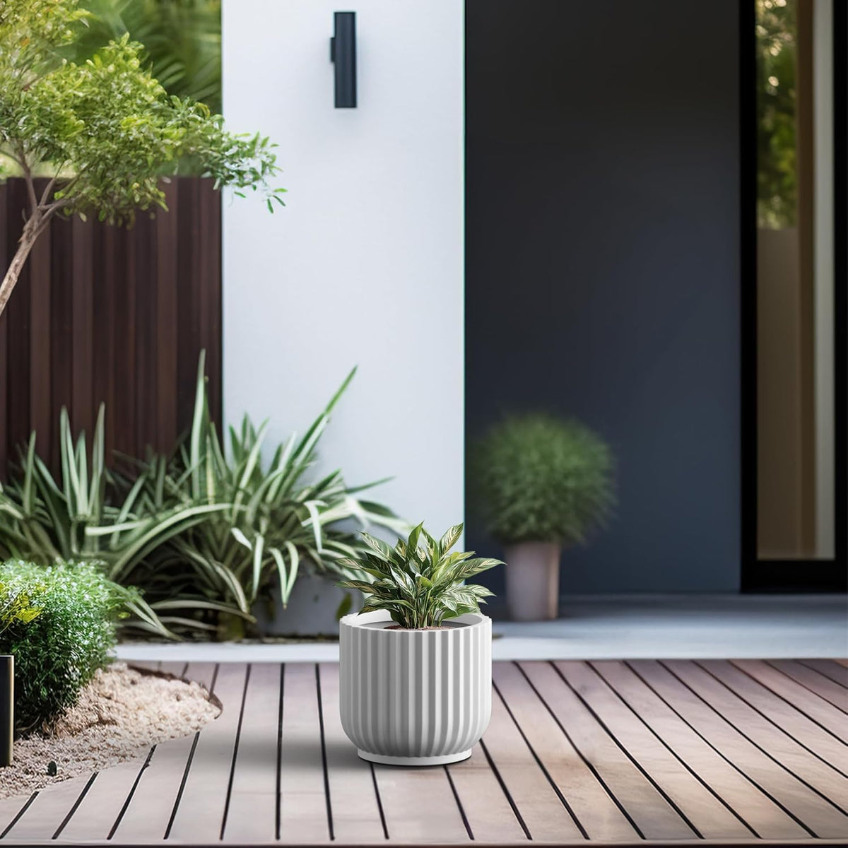 Kante Round Fulted Planter, 14 Inch Dia Large Concrete Plant Pots with Drainage Hole and Rubber