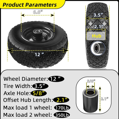 12'' Flat Free Tires Rubber Replacement Solid Tire, 2.1" Offset Hub Wheel Assemblies for Garden