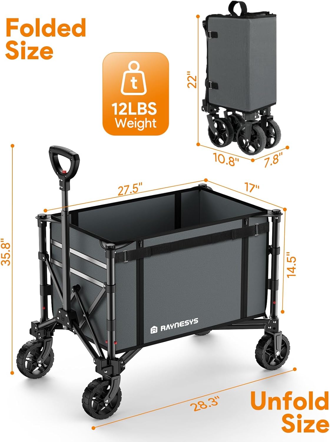 Collapsible Wagon Cart with Wheels 220lbs Foldable Wagon 120L Shopping Cart for Groceries Folding