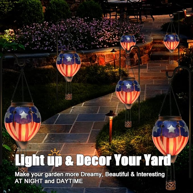 Hot Air Balloon Solar Lantern - U.S Flag Patriotic Glass Lantern, Simulated Flickering & Dancing