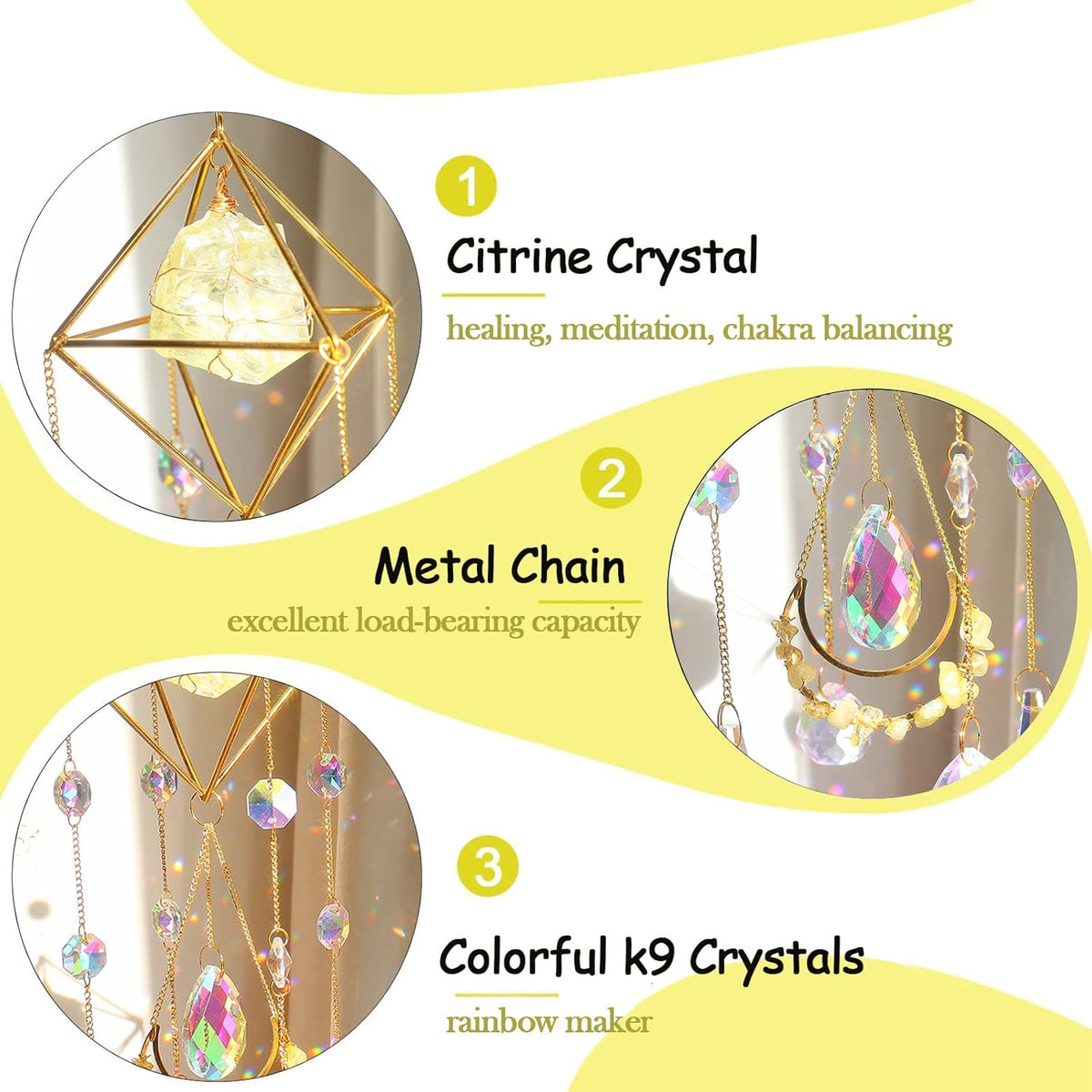 Citrine Crystal Suncatchers Colorful Prisms Windows Decor Garden Wind Chimes with Chain Pendant for