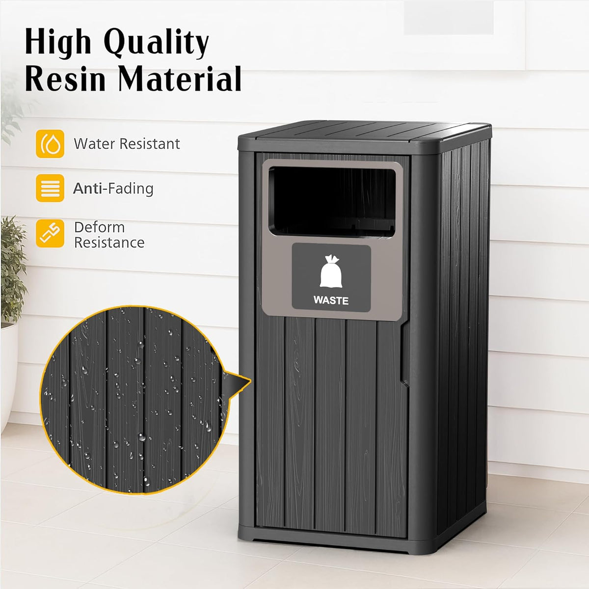 Outdoor Single Barrel Trash Can,Waterproof Resin Garbage Can with Garbage Labels,Durable Waste Bin