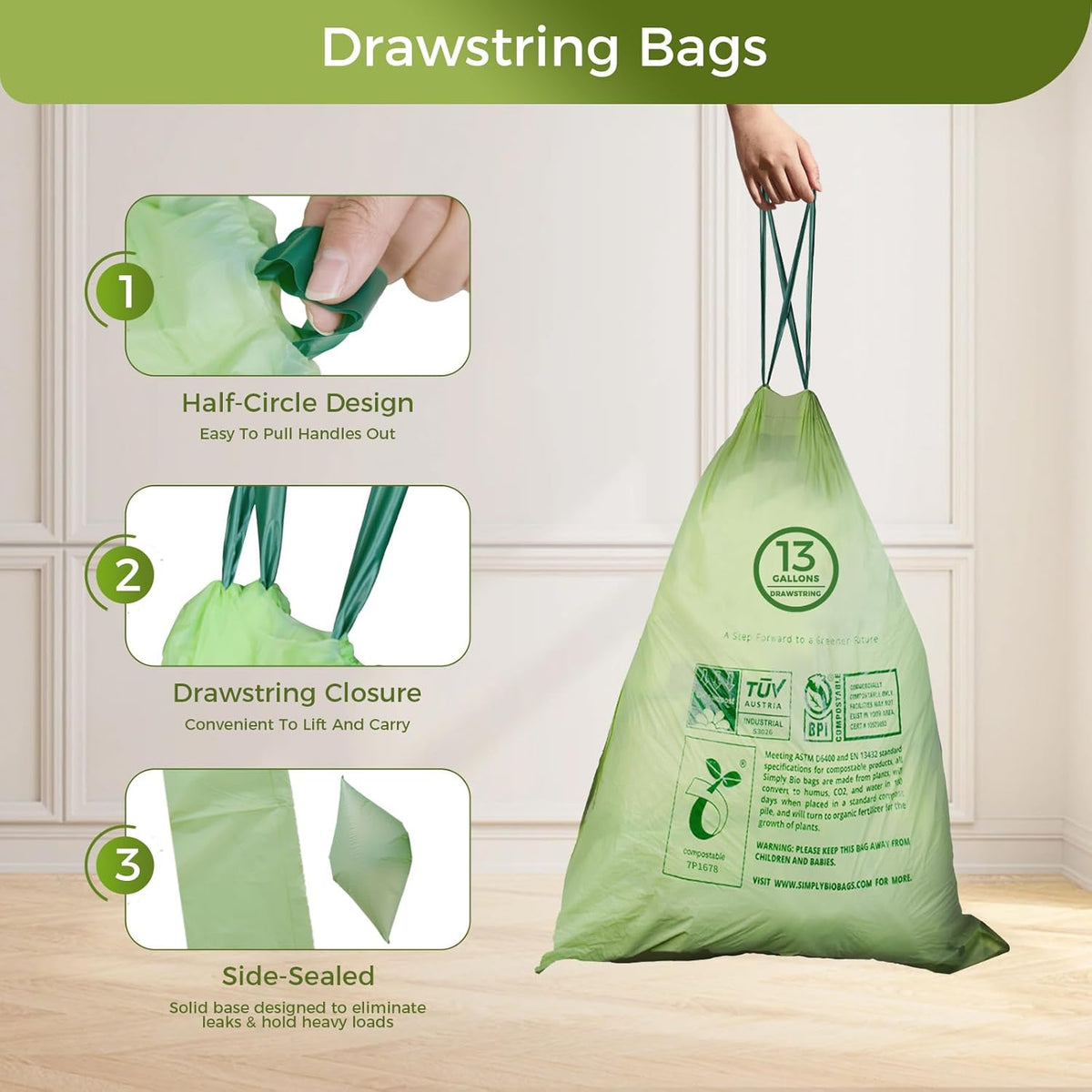 13 Gallon Compostable Trash Bags with Drawstring, Heavy Duty Extra Thick 1 Mil, 49.21 Liter, 30