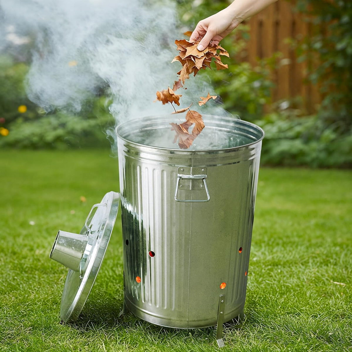 Plexon Metal Compost Bin Outdoor Burn Bin - Galvanized Trash Can with Lid Chimney and Vent Holes