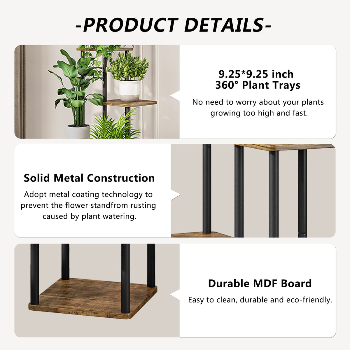 AZERPIAN 5 Tier Tall Plant Stand Indoor Corner Tiered Shelf Metal MDF Board