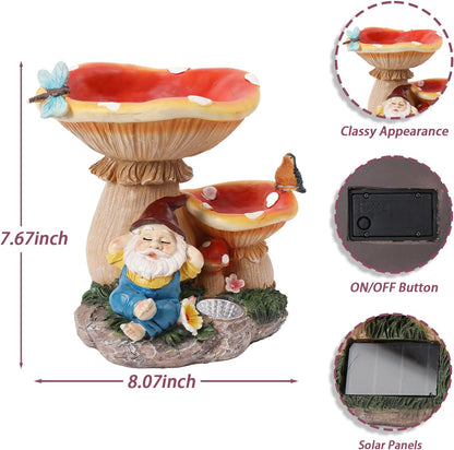 Garden Gnome Statue, Solar Powered Gnome Figurine with Mushroom Decor, Waterproof Resin Lawn