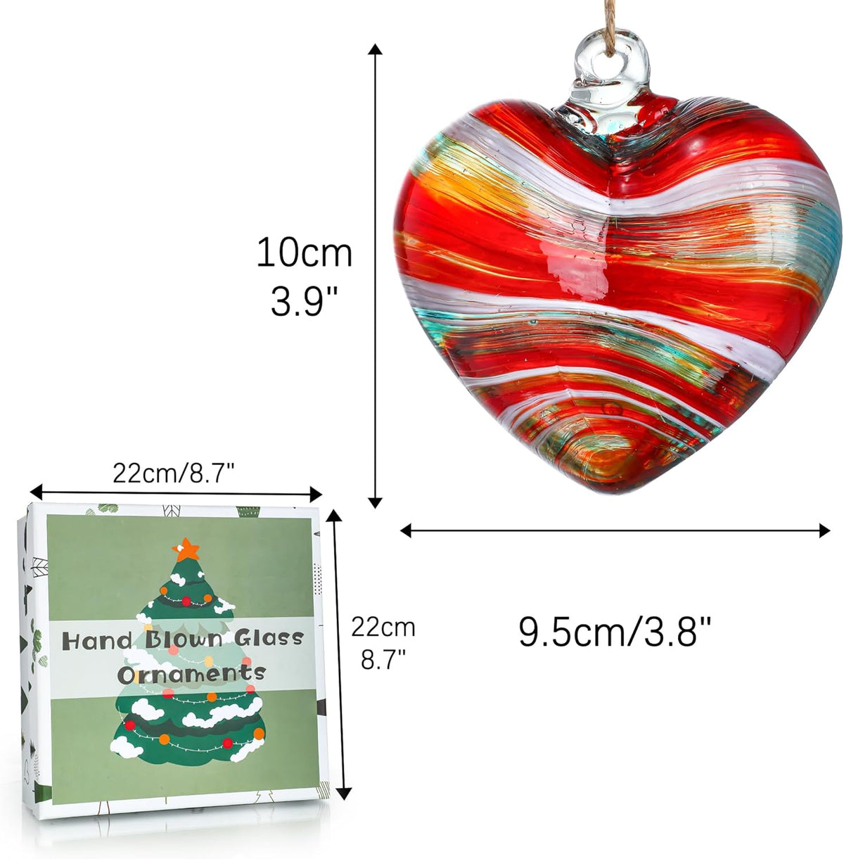 4inch Hand Blown Glass Red Heart Ornaments Hanging Friendship Hearts for Patio Garden Outdoor Decor