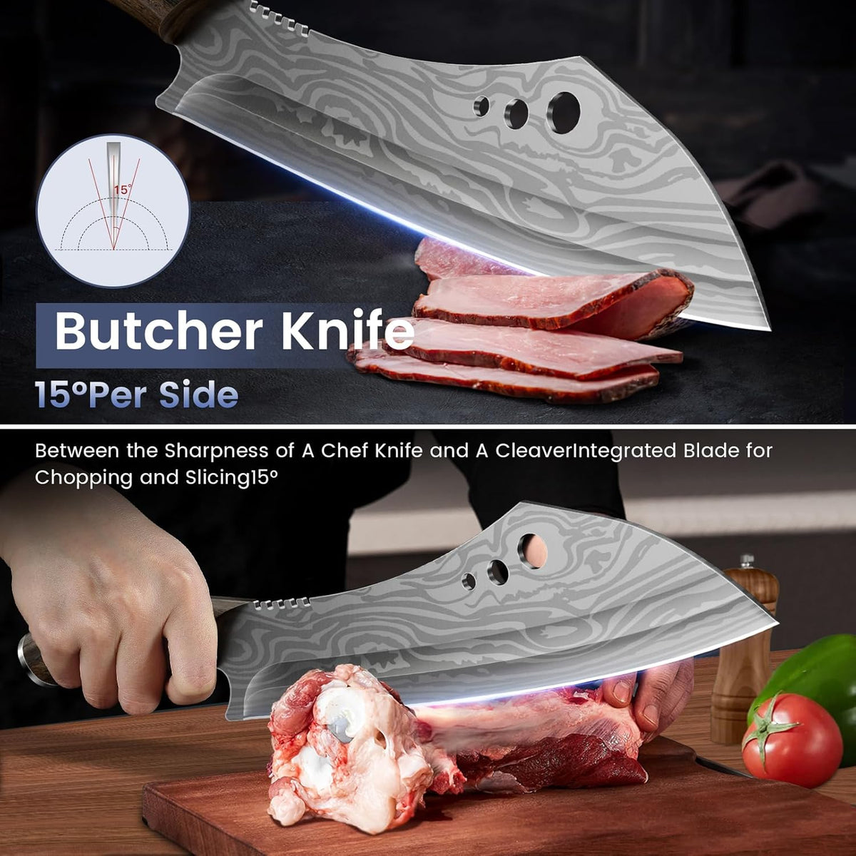 Butcher Knife Set, 3 PCS Kitchen Knives Set for Cutting, Meat Cleaver Chef Knife Set, Japanese