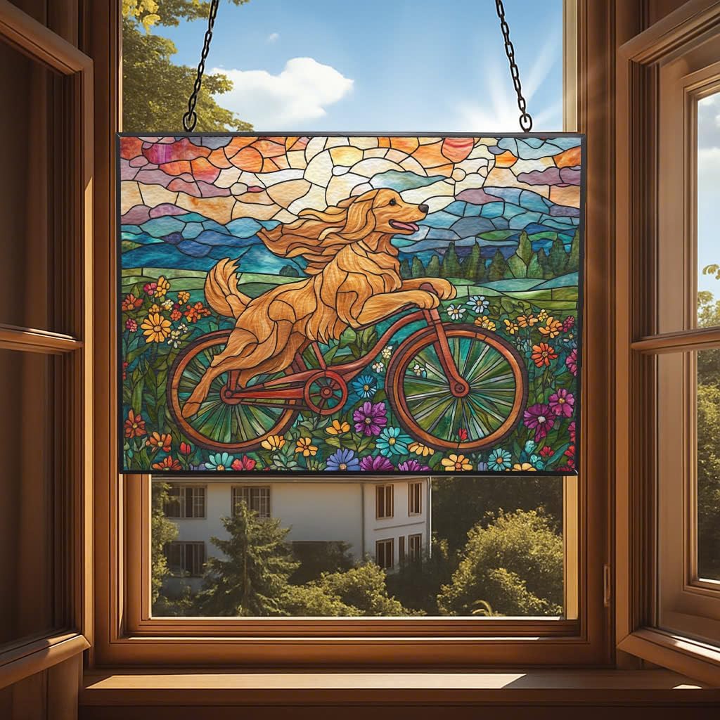 Personalized Rectangle Boho Golden Retriever Biking in Wildflowers Stained Glass Suncatcher Stained