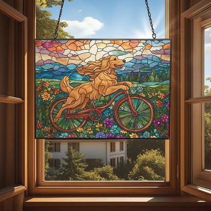 Personalized Rectangle Boho Golden Retriever Biking in Wildflowers Stained Glass Suncatcher Stained