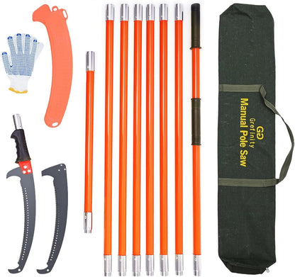 27FT Manual Pole Saw, Tree Branch Trimmer with 8-Section Fiberglass Handle, Sharp Steel Blade