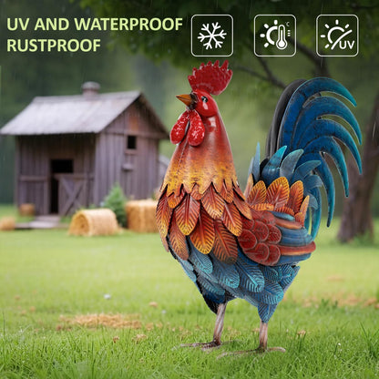 Kircust Metal Rooster Yard Art Statue, Chicken Garden Animals Sculpture Lawn Ornament Figurines