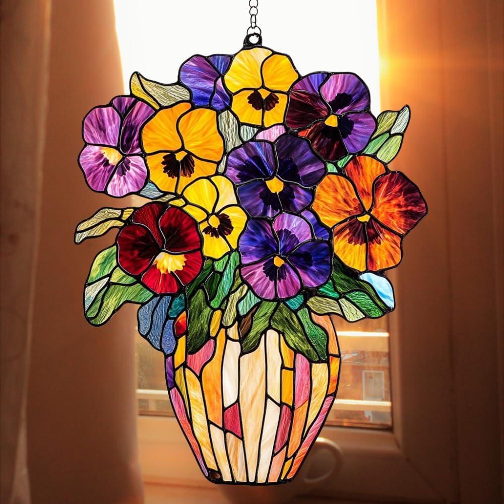 Pansy Bouquet Acrylic Suncatcher Stained Glass Effect Window Car Hanging Christmas Ornament Indoor
