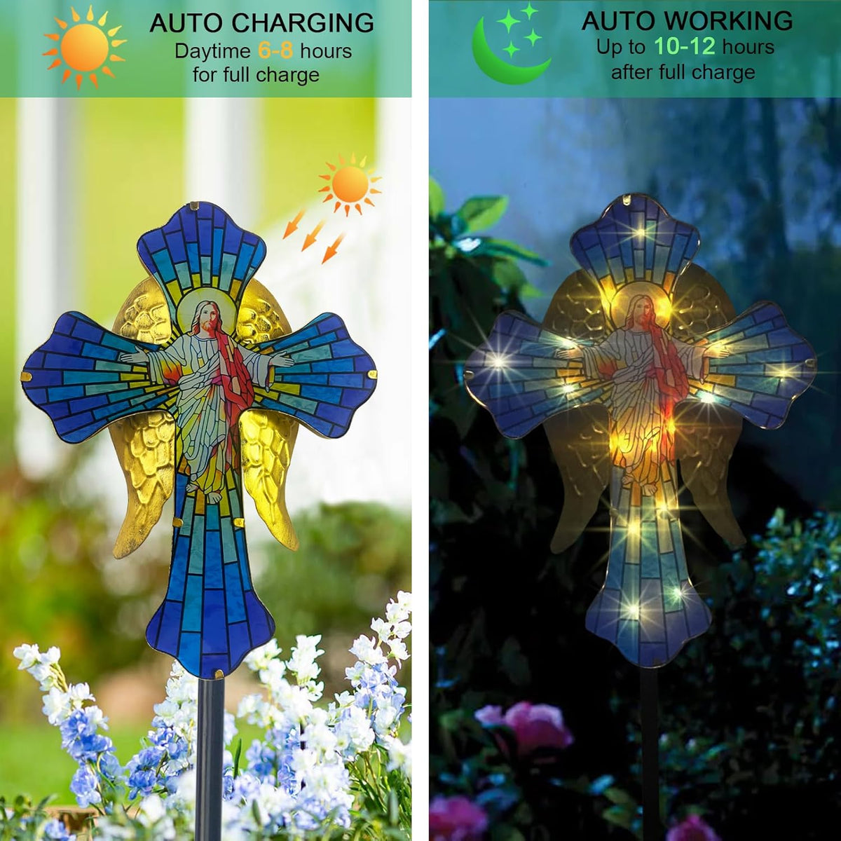 WAIU Solar Cross Garden Light,Grave Decorations,Golden Angel Wings,for Remembrance Gifts,Christmas