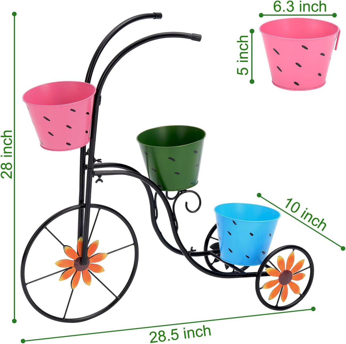 BAYN Bicycle Planter Stand, Metal Flower Pot Cart Holder with 3 Plant Bucket Outdoor Decorative for