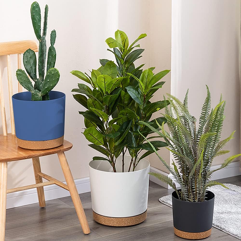 ZMTECH Plant Pots, Set of 3 8'' Self Watering Plastic Planter with Drainage Hole and Saucer, Modern