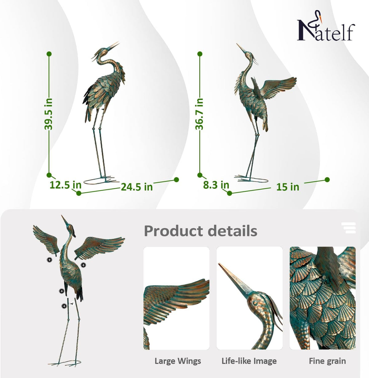 Natelf Metal Crane Garden Statues, Large Heron Outdoor Bird Sculpture Decor for Patio Pond Yard