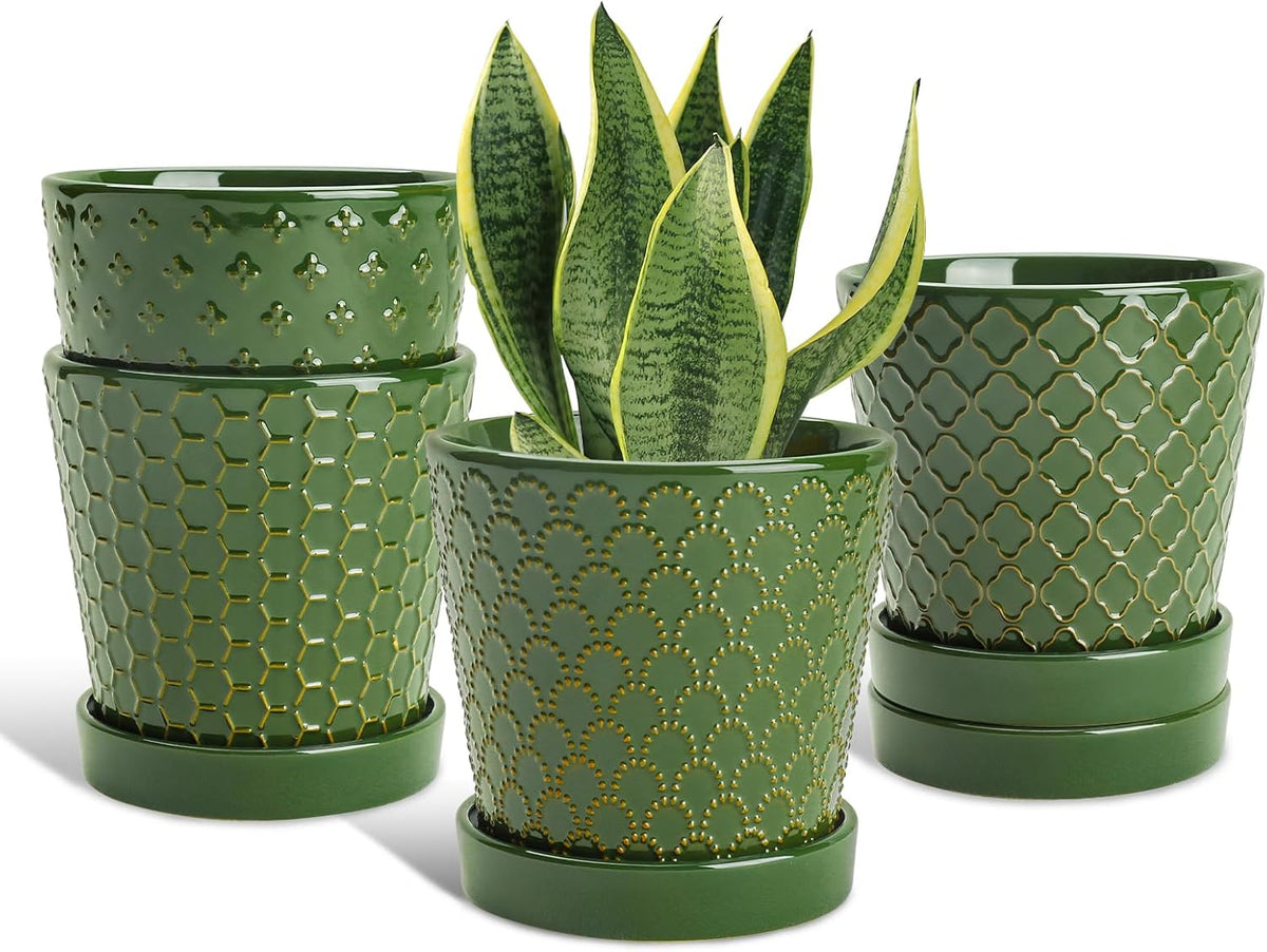 EFISPSS Ceramic Plant Pots, 5 Inch Planters with Drainage Holes and Ceramic Tray, Relief Design