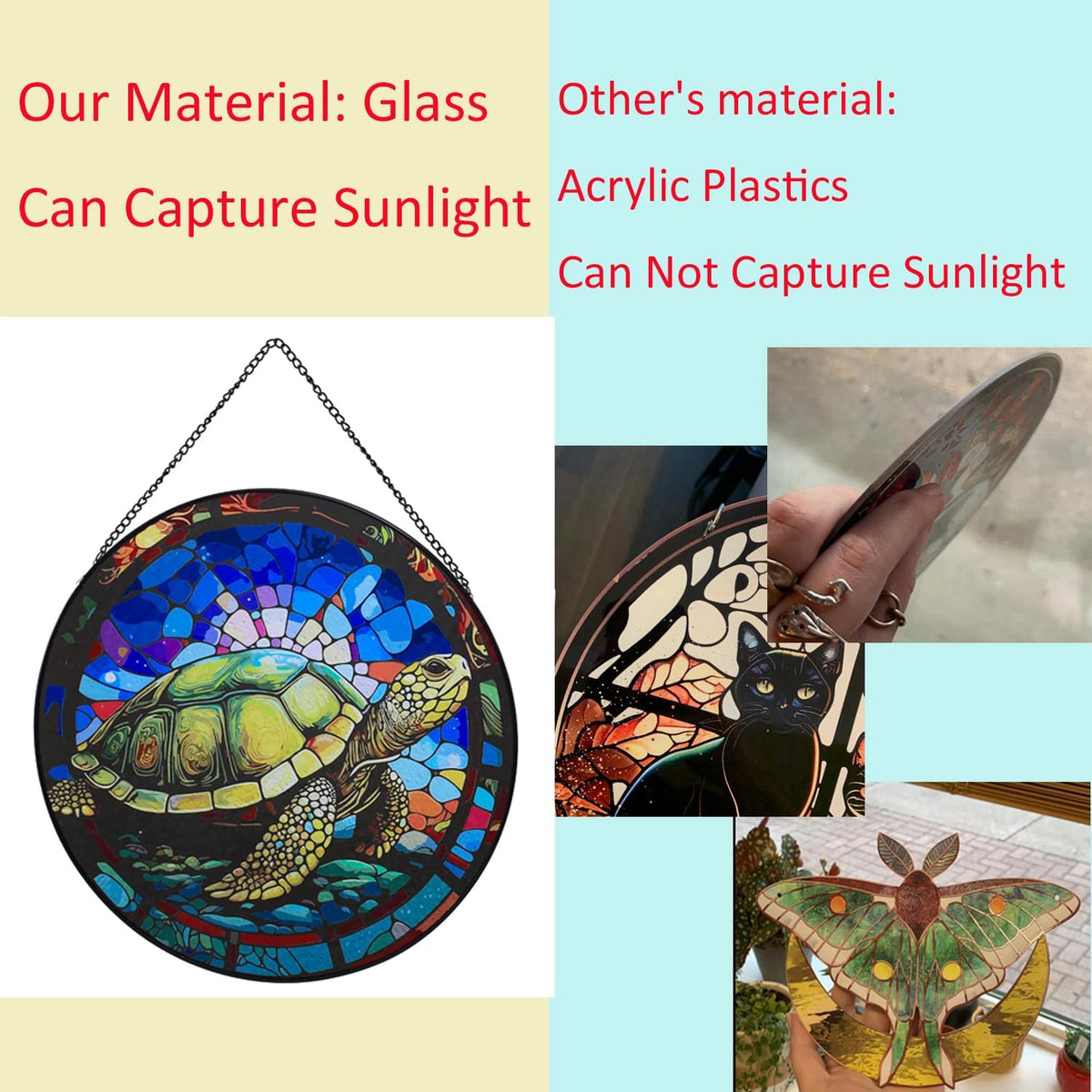 Hanging Stained Glass for Windows,20cm/7.87 inch Turtle Hand-Painted Glass Panel Window Hanging