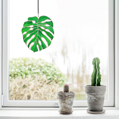 Tuitessine Monstera Suncatcher Stained Glass Leaf Exotic Jungle Tropical Decor Window Wall Hanging