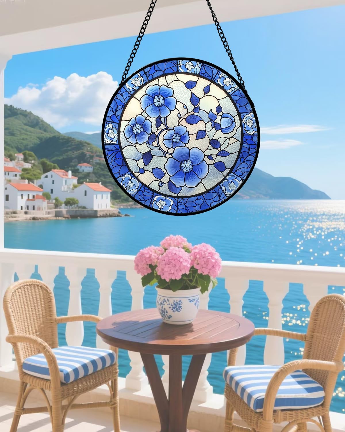 Stained Glass Window Hanging, Blue and White Plum Blossom Sun Catcher for Door Home Decor Flowers