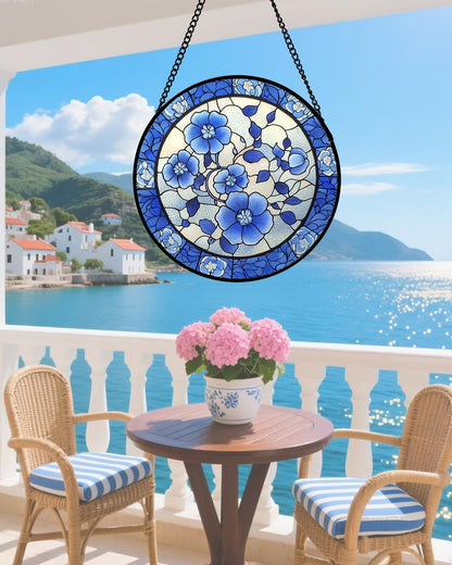 Stained Glass Window Hanging, Blue and White Plum Blossom Sun Catcher for Door Home Decor Flowers