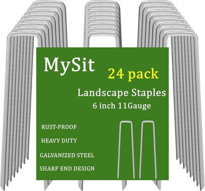 MySit 6" Galvanized Landscape Staples Garden Stakes Pins 24 Pack, Heavy-Duty 11 Gauge Garden