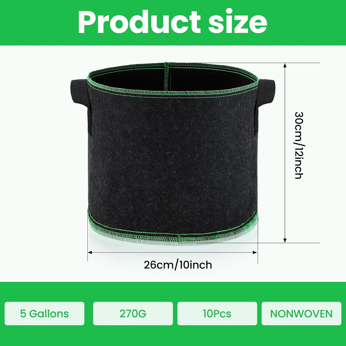 5 Gallon Grow Bags, 10 Pack Heavy Duty Aeration Fabric Pots,Thickened Nonwoven Fabric Pots with
