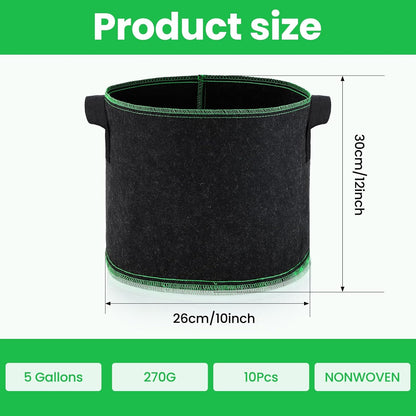 5 Gallon Grow Bags, 10 Pack Heavy Duty Aeration Fabric Pots,Thickened Nonwoven Fabric Pots with