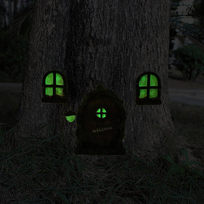 Fairy Door and Windows Garden Kit Accessories Outdoor, Glow in Dark Gnome House for Tree, Lawn Yard