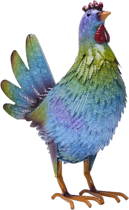 13.4" Metal Blue Chicken Garden Sculptures & Statues for Outdoor Garden Decorations ,Hen Statue for