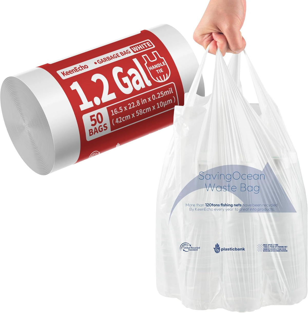 Small Trash Bags with Handles 1.2 Gallon 50 Count White - Ocean Plastic Upcycling - Plastic Garbage
